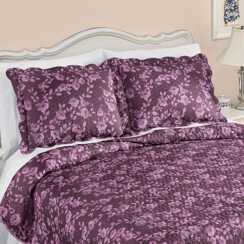 Aubergine Rose Design Scalloped Edge Polyester Pillow Sham