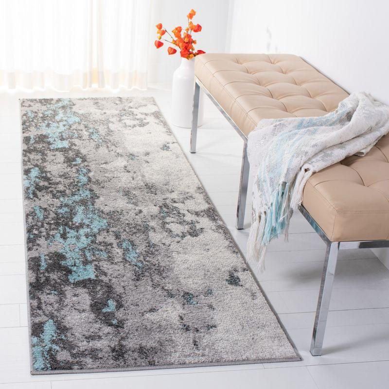 Turquoise and Gray Abstract Synthetic Runner Rug