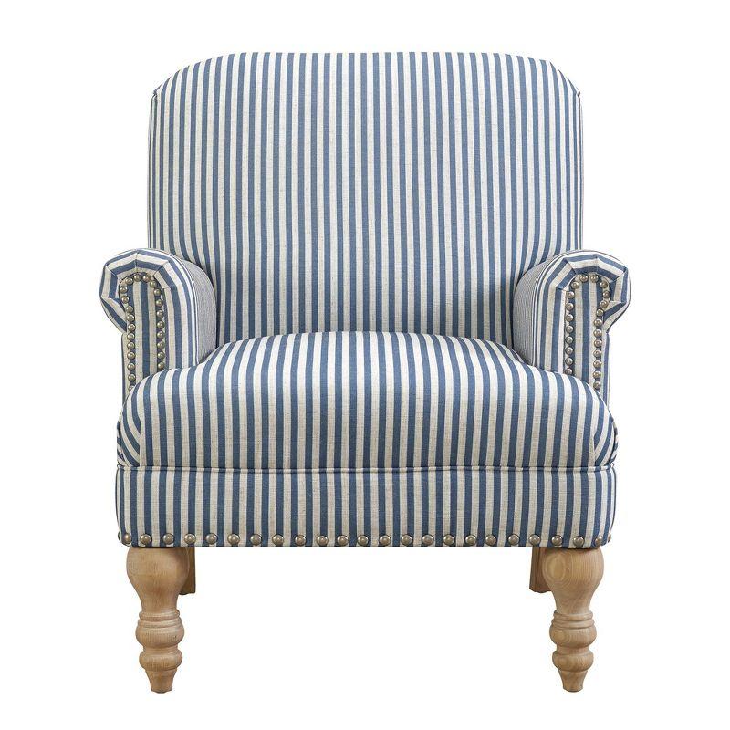 Blue Striped Wood Accent Chair with Rolled Arms