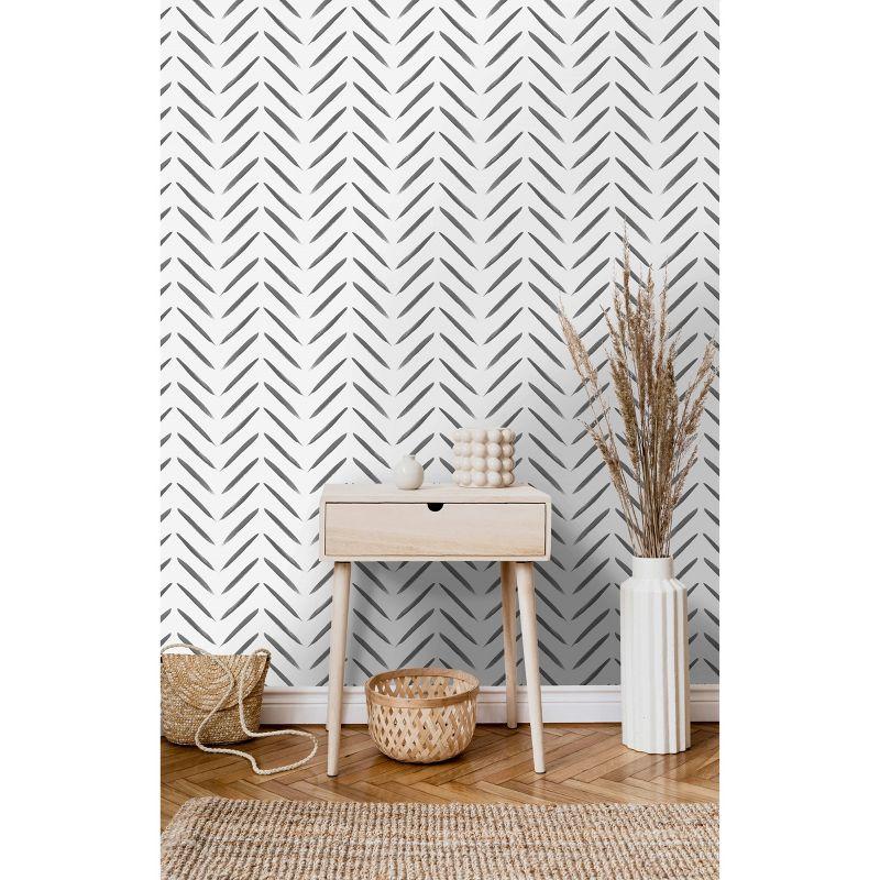 Holden Chevron Brush Marks Black and White Wallpaper: Modern Non-Pasted Paper, Classic Pattern, Washable, 33ft x 20.8in