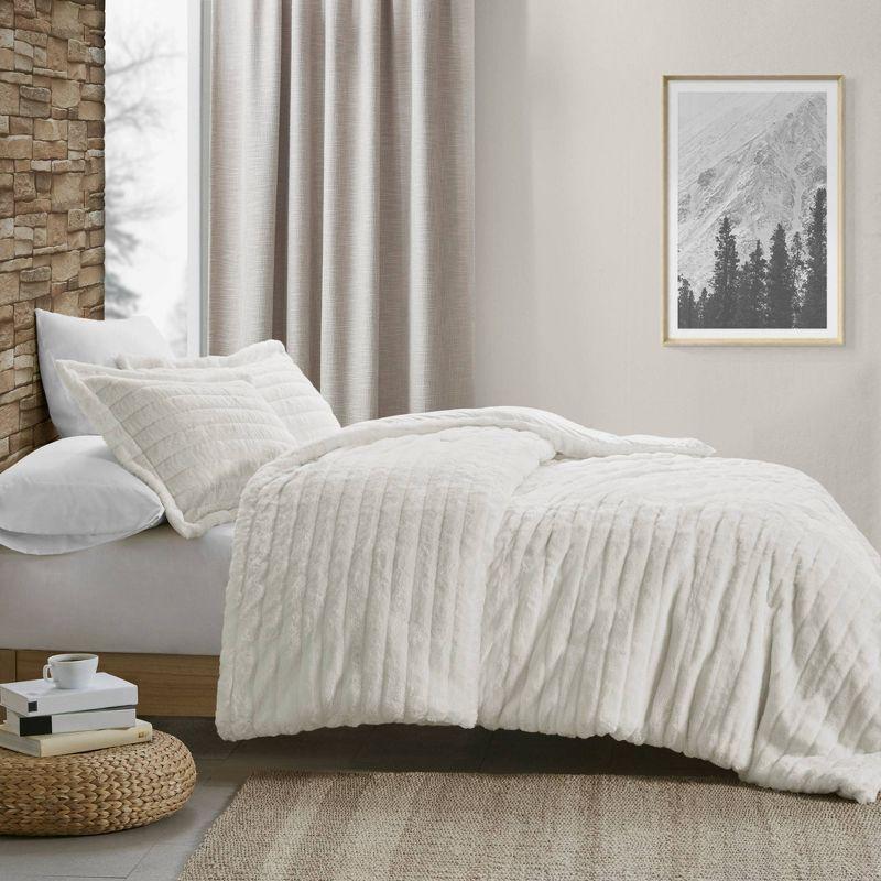 Ivory Faux Fur King Comforter Set with Shams