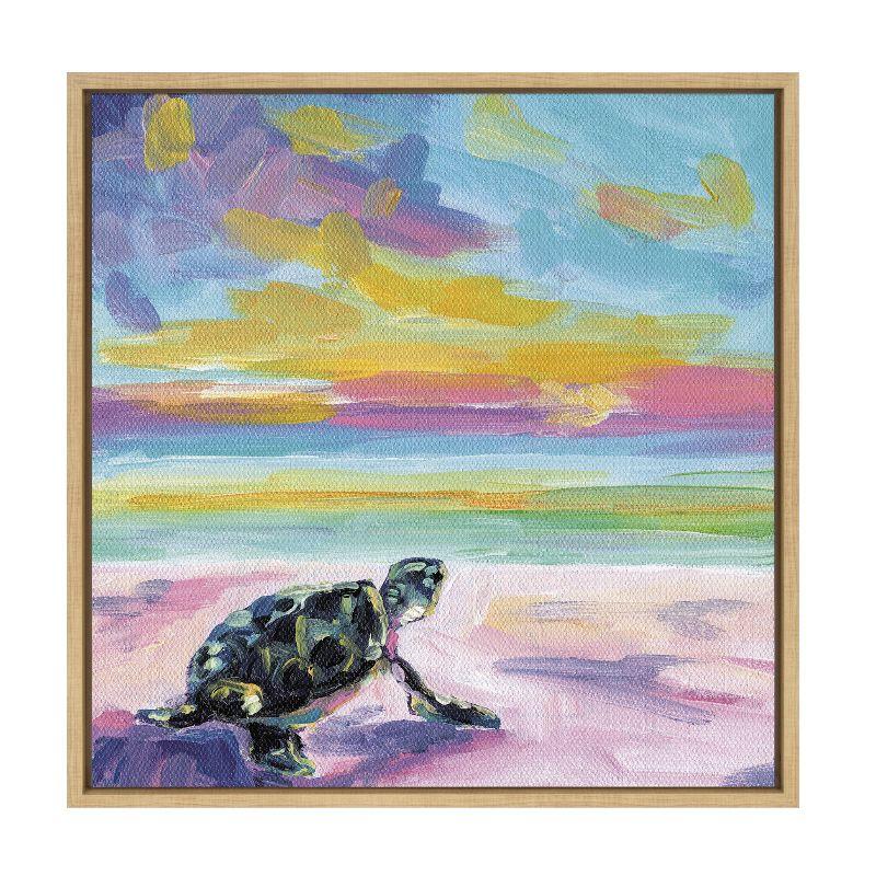 Kate and Laurel Sylvie Sunset Sea Turtle Framed Canvas by Rachel Christopoulos, 22x22, Natural