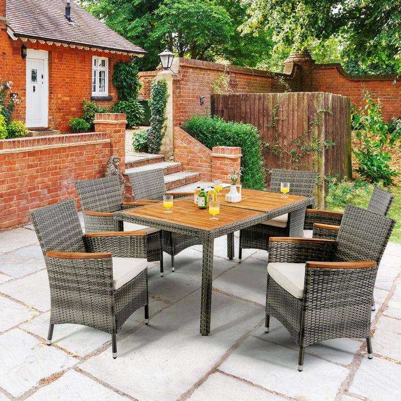 Costway 7PCS Patio Rattan Dining Set Acacia Wood Table Cushioned Chair Mix Gray