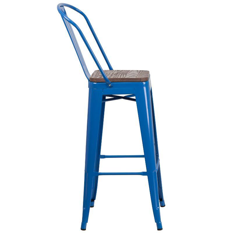 Emma and Oliver 30"H Blue Metal Barstool with Back and Wood Seat