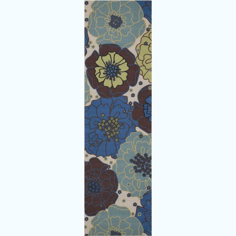 Light Blue Floral Synthetic Flat Woven Runner Rug