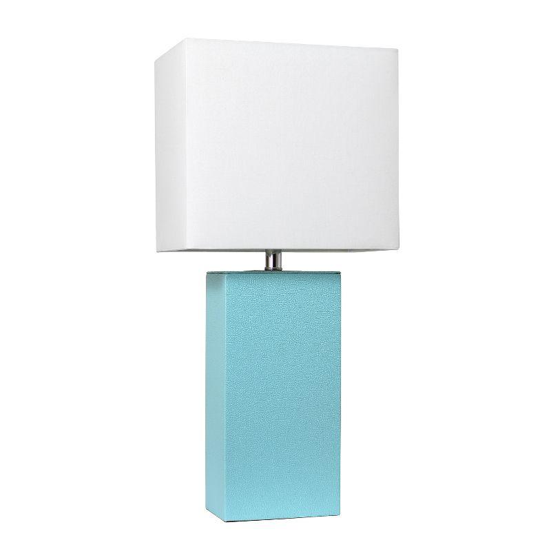 Aqua Leather Table Lamp with White Fabric Shade