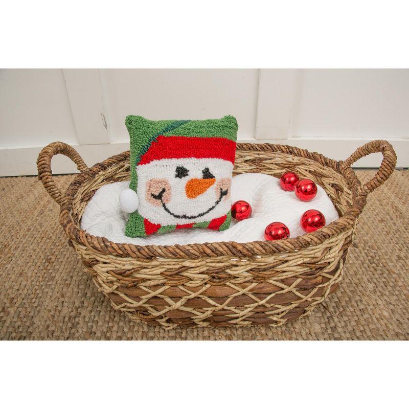 Happy Snowman Red and Green Hooked Holiday Pillow