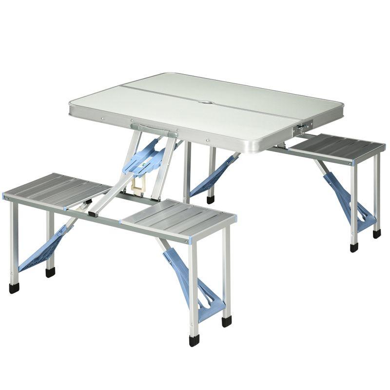 Silver Aluminum Folding Picnic Table with Benches and Umbrella Hole