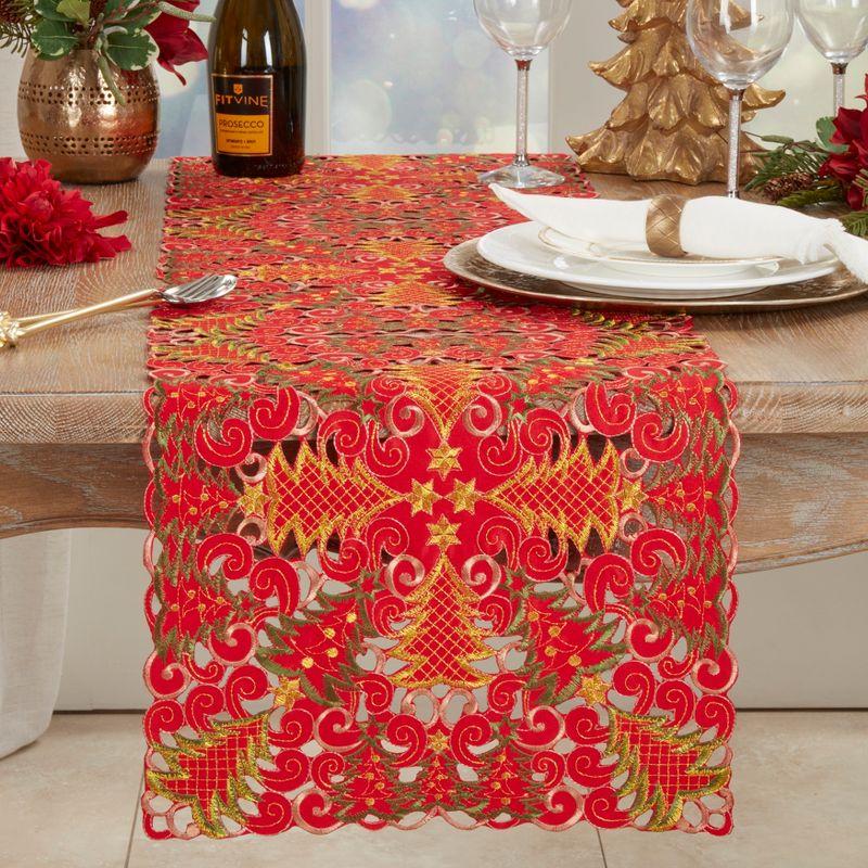 Red Polyester Christmas Tree Cutwork Table Runner