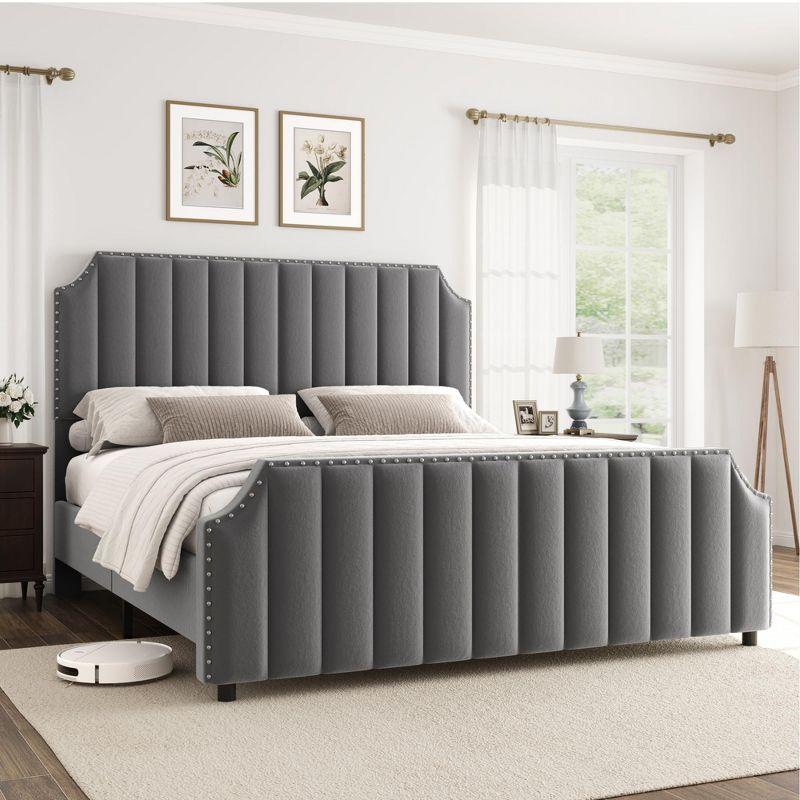 Garvee Queen Velvet Bed Frame, 50.2" Upholstered Headboard, Footboard with Nailhead Trim, No Box Spring Needed, Solid Wood Slats, Noise Free, Beige