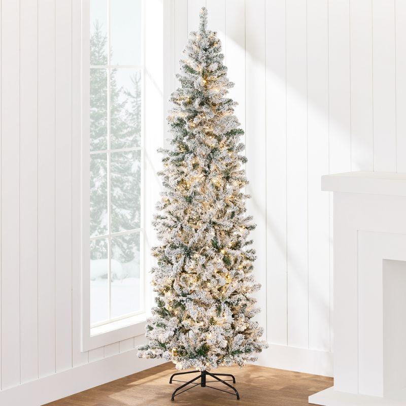 9ft White Snow Flocked Pre-Lit Pencil Christmas Tree