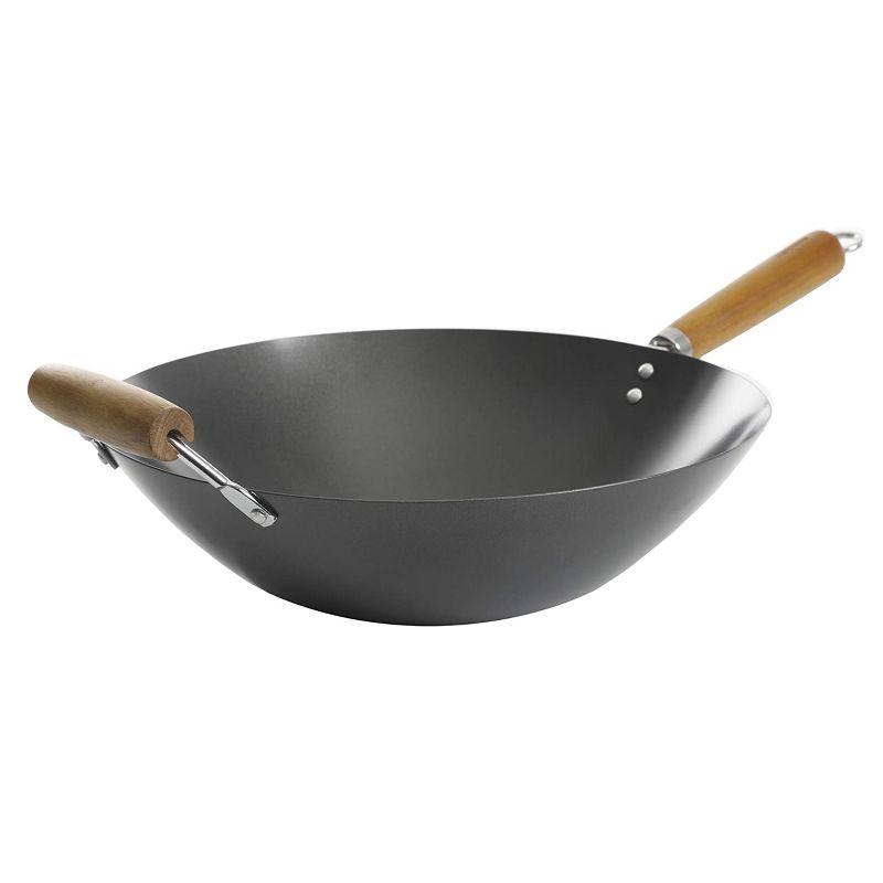 Kenmore 14-Inch Black Carbon Steel Wok with Wood Handle