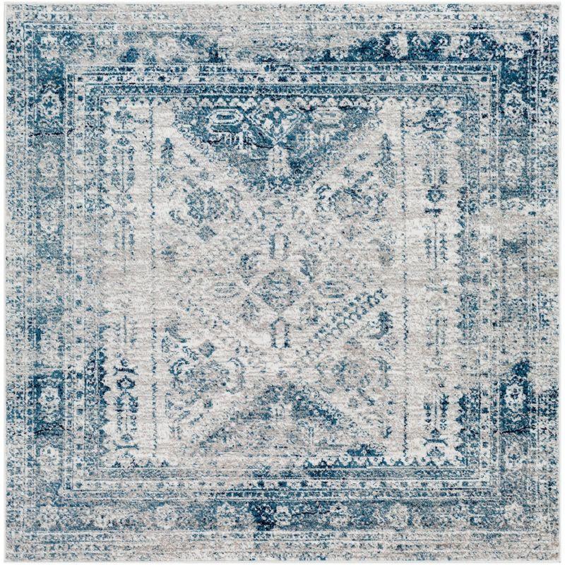 Blue and White Square Stain-Resistant Synthetic Rug