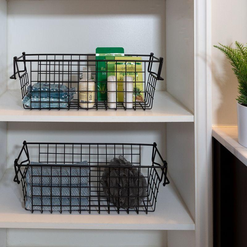 Set of 2 Black Metal Wire Storage Bins with Handles