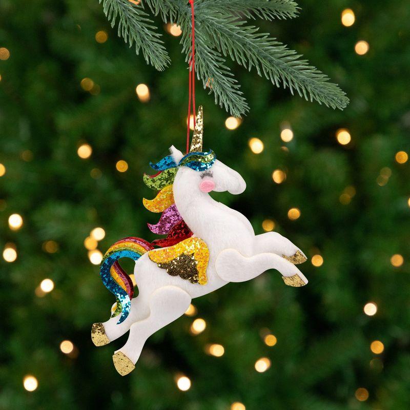 White Plush Leaping Unicorn Ornament with Rainbow Mane