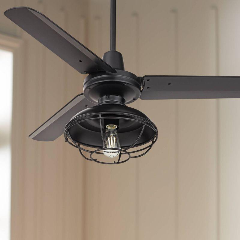 44" Casa Vieja Plaza Industrial Rustic Indoor Outdoor Ceiling Fan with LED Light Remote Control Matte Black Cage Damp Rated for Patio Exterior House