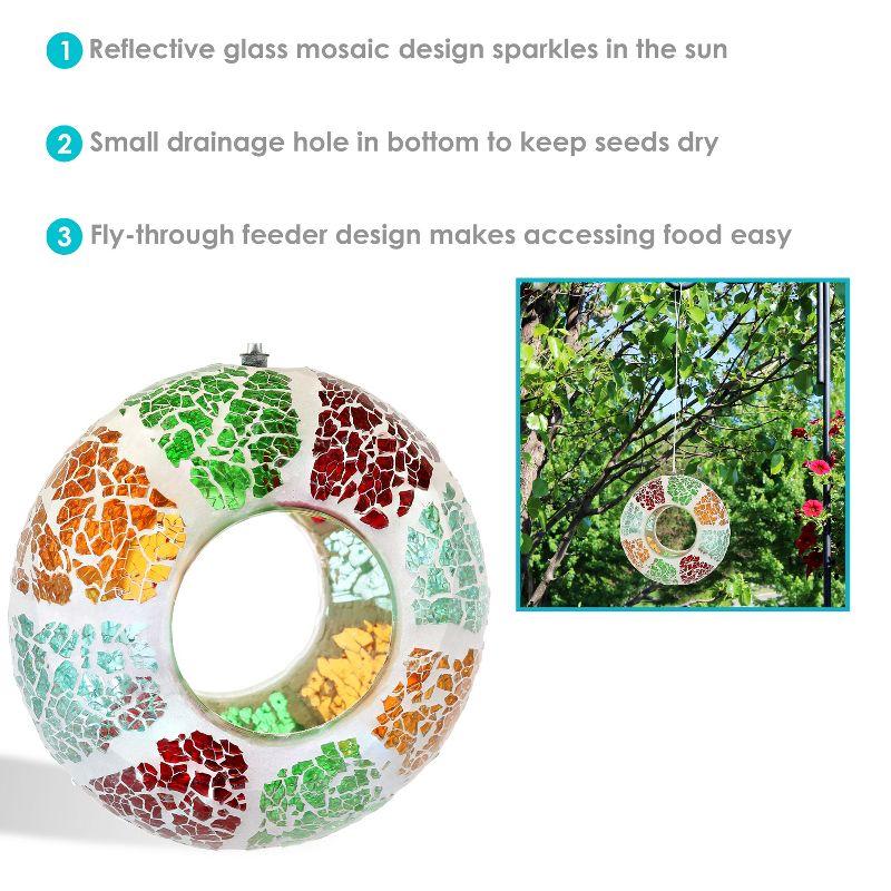 Sunnydaze Outdoor Garden Patio Round Glass with Summery Mosaic Design Hanging Fly-Through Bird Feeder - 6" - Red, Orange, Green, and Light Blue