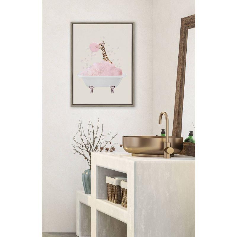 Kate & Laurel All Things Decor 18"x24" Sylvie Giraffe Taking a Bath Framed Canvas Wall Art by July Art Prints Gray Zoo Animal Bath