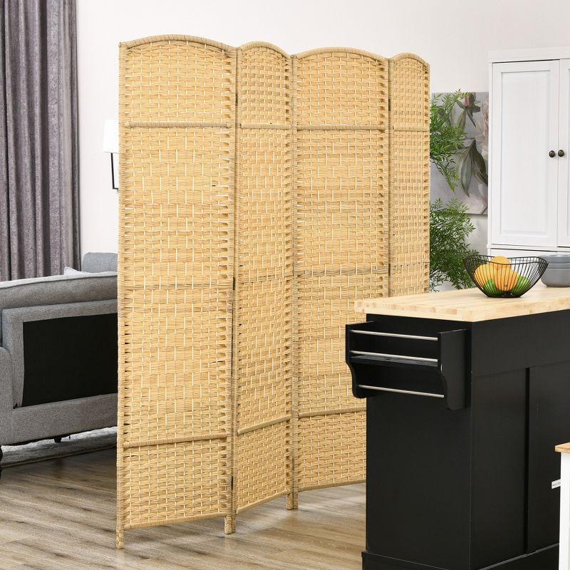HOMCOM 4 Panel Room Divider, 6' Tall Folding Privacy Screen, Hand-Woven Freestanding Wood Partition for Home Office, Bedroom, Nature Wood