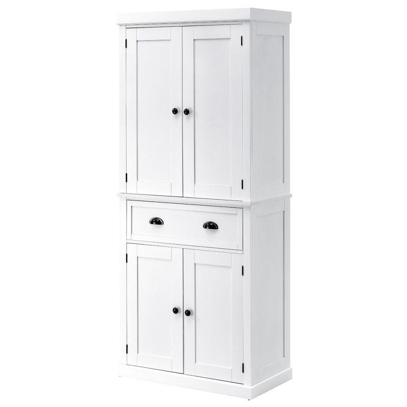 HOMCOM 72.5" Traditional Freestanding Kitchen Pantry Cupboard with 2 Cabinet, Drawer and Adjustable Shelves, White