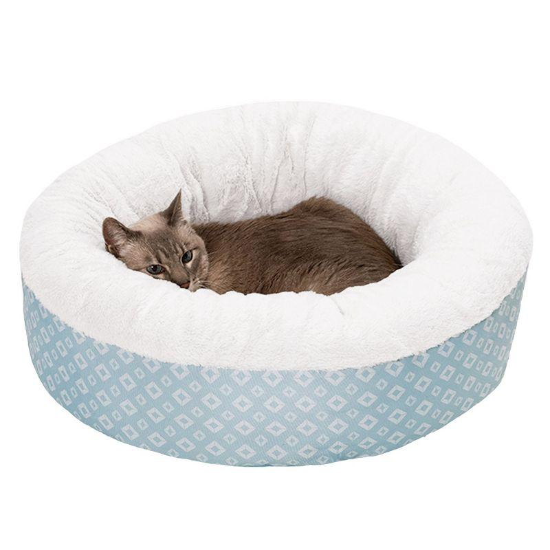 FurHaven Plush & Diamond Print Calming Donut Pet Bed for Dogs & Cats - Small, Aqua