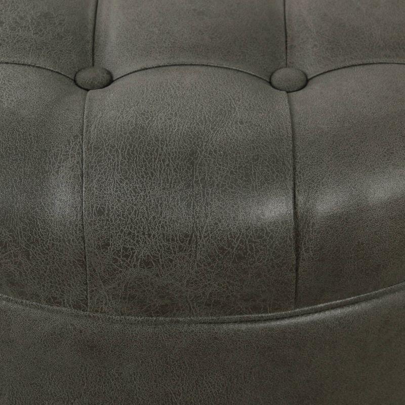 Large Tufted Round Storage Ottoman Faux Leather Gray - HomePop: Modern Upholstered Bench with Hardwood Frame