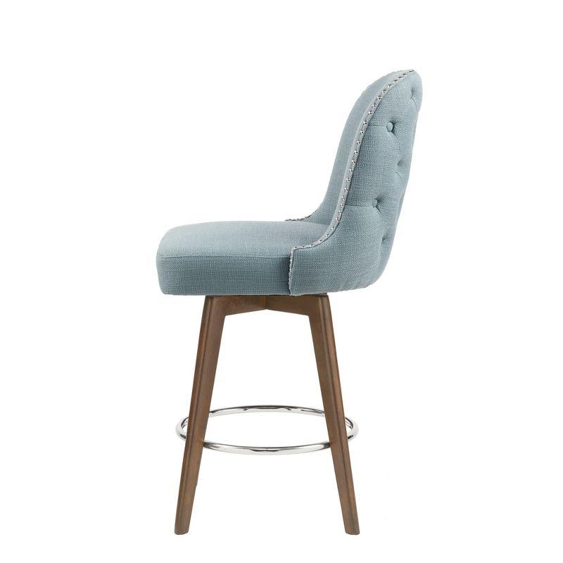 Elegant Blue Swivel Counter Stool with Walnut Wood Finish