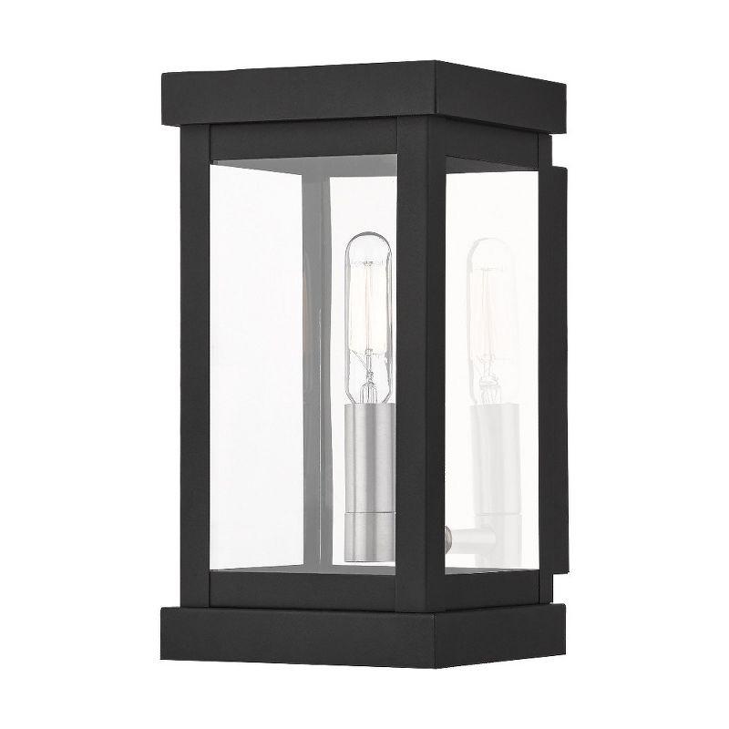 Modern Black Lantern Sconce with Clear Glass and Brass Finish