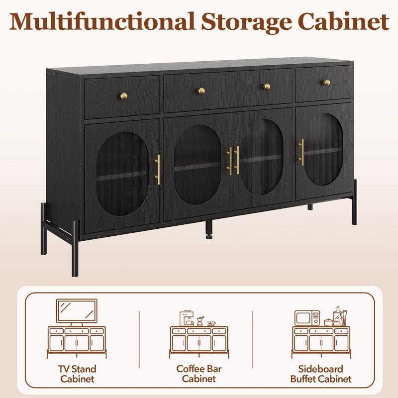 62" Large Sideboard Buffet Cabinet with Storage and 3 Drawers, Buffet Table Coffee Bar Storage Cabinet with 4 Glass Doors
