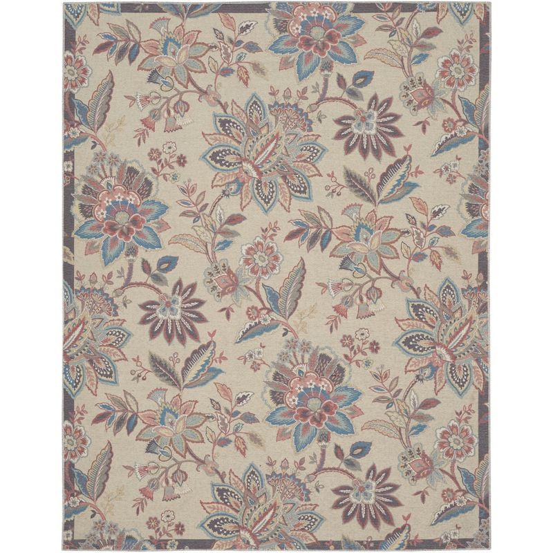 Beige Floral Chenille Rectangular Washable Area Rug