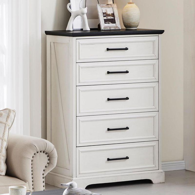 46" White and Black Farmhouse Wood 5-Drawer Dresser