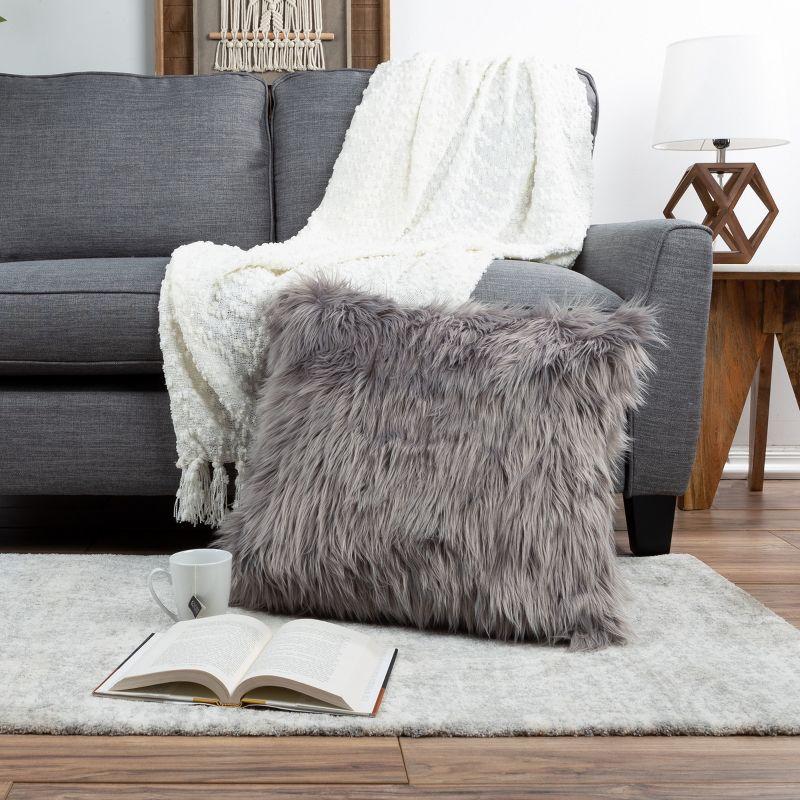 22-in. Plush Pillow Luxury Square Accent Pillow Insert and Shag Glam Cover Set for Bedroom or Living Room by Lavish Home (Gray)