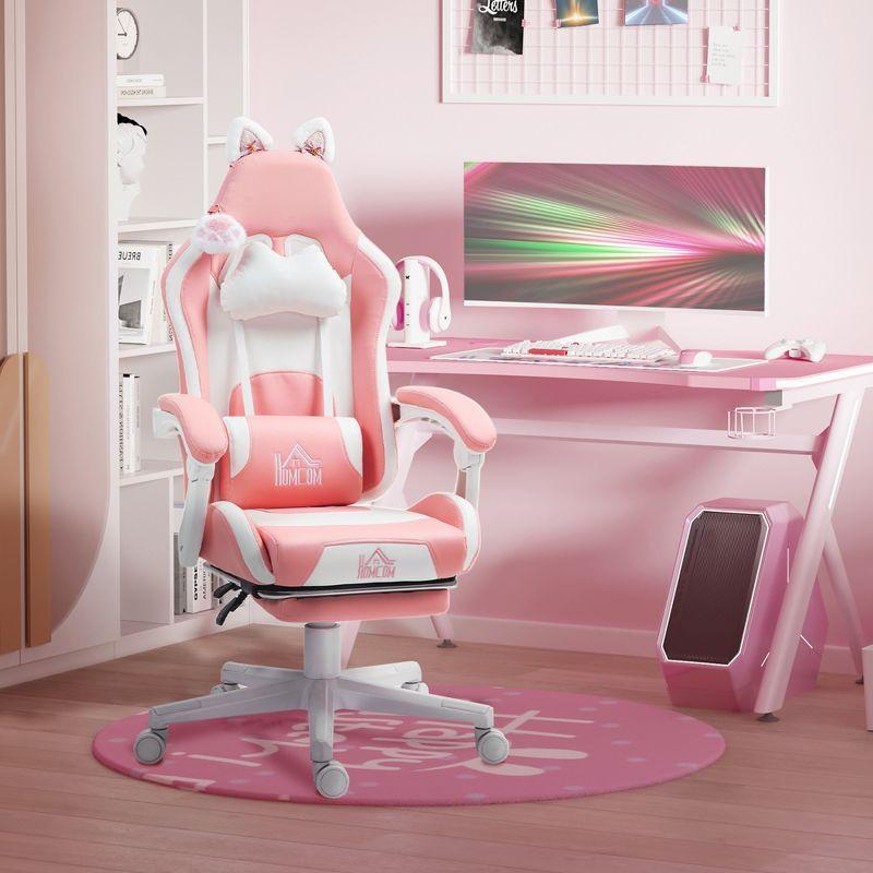 HOMCOM Cute Gaming Chair, Reclining Computer Chair with Footrest, Headrest, Lumbar Support, Height Adjustable Faux Leather Swivel Gamer Chair, Pink