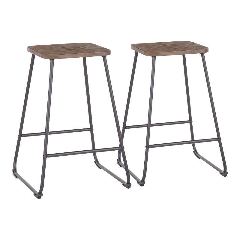 Industrial Black Metal and Espresso Wood Backless Counter Stools, Set of 2