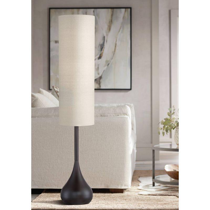 Possini Euro Design Mid Century Modern Floor Lamp 62" Tall Bronze Metal Droplet Off White Cream Cylinder Shade for Living Room Reading