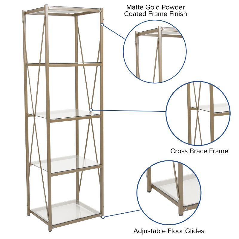 Merrick Lane 64" Modern Bookshelf Glass 4-Shelf Bookcase with Powder Coated Matte Gold Cross Braced Frame