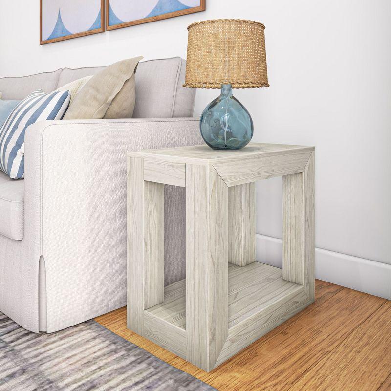 White Sand Wirebrush Solid Wood Rectangular Side Table with Shelf