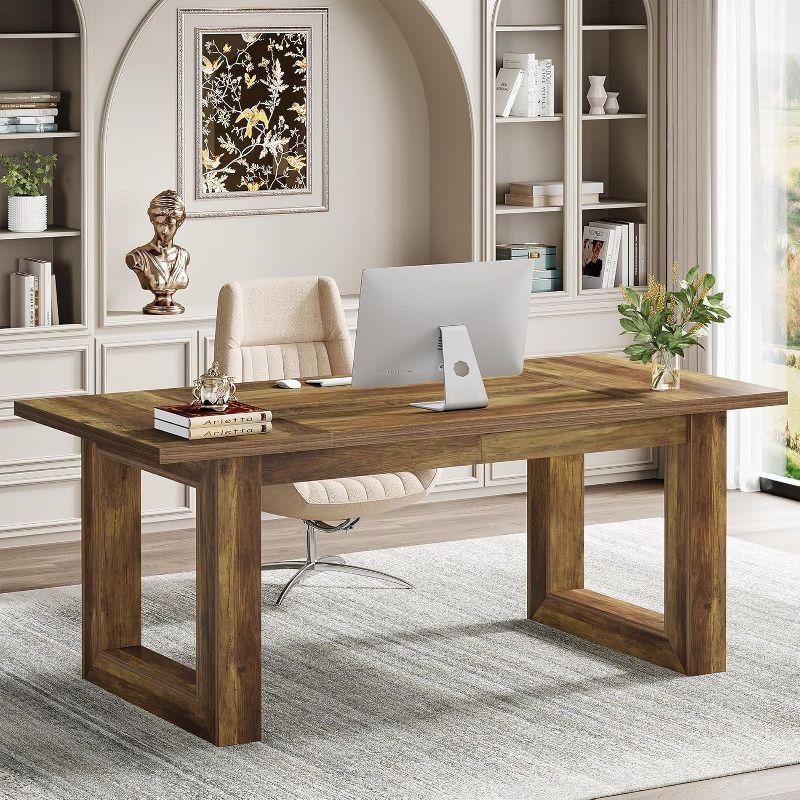 Tribesigns 63-Inch Executive Computer Desk, Industrial Writing Table with Solid Wooden Base for Home Office, Brown