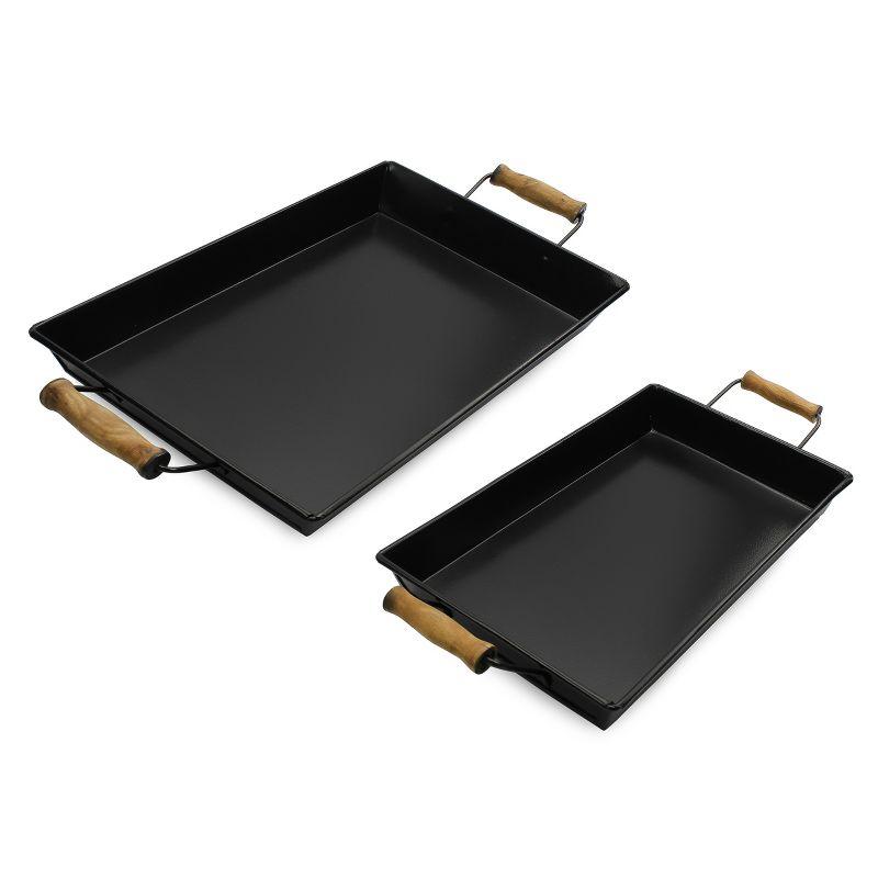 Black Enamel Rectangular Trays with Wood Handles, Set of 2