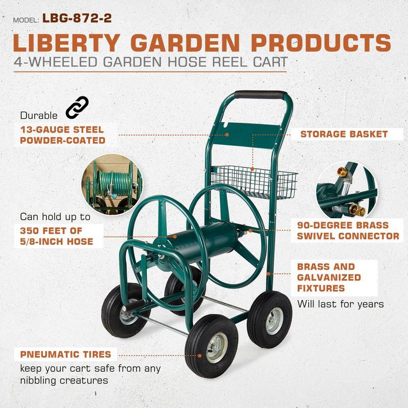 Liberty Garden Products LBG-872-2 4 Wheel Hose Reel Cart Holds up to 350 Feet of 5/8" Hose with Basket for Backyard, Garden, or Home, Green