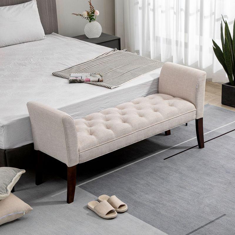 HOMCOM End of Bed Bench with Button Tufted Design, Upholstered Bench with Arms and Solid Wood Legs for Bedroom