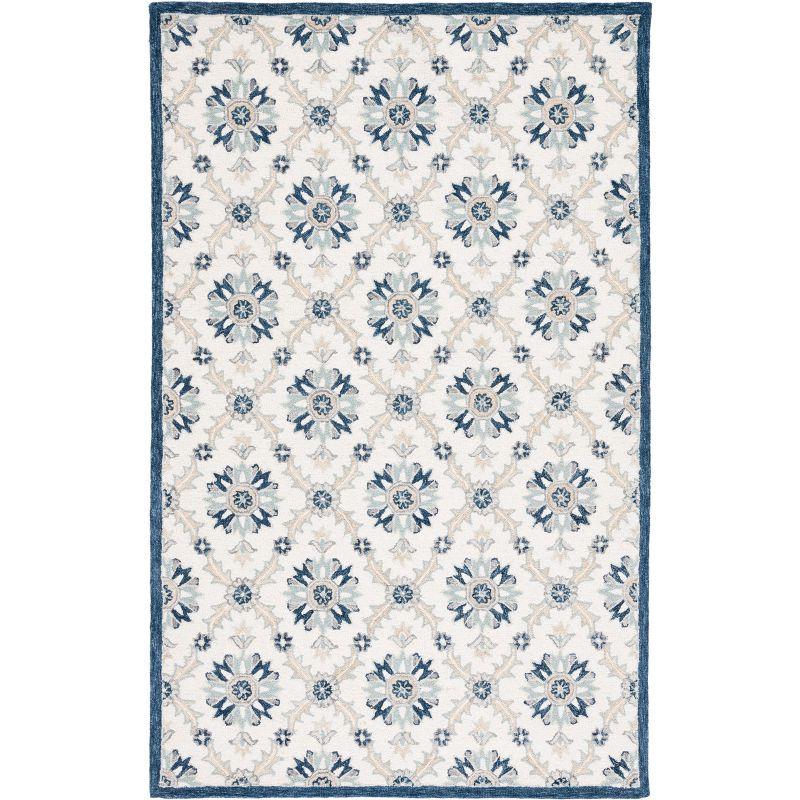 Ivory and Blue Floral Tufted Wool Rug 4' x 6'