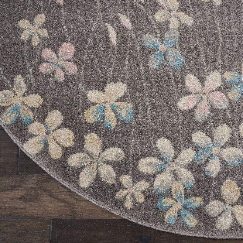 Handmade Round Grey and Beige Floral Synthetic Area Rug