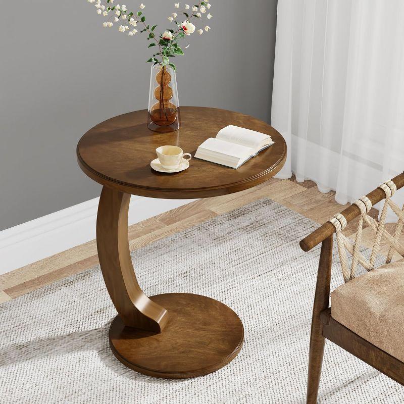 Hommoo C-Shaped End Table, Round Solid Wood Side Table for Living Room Brown