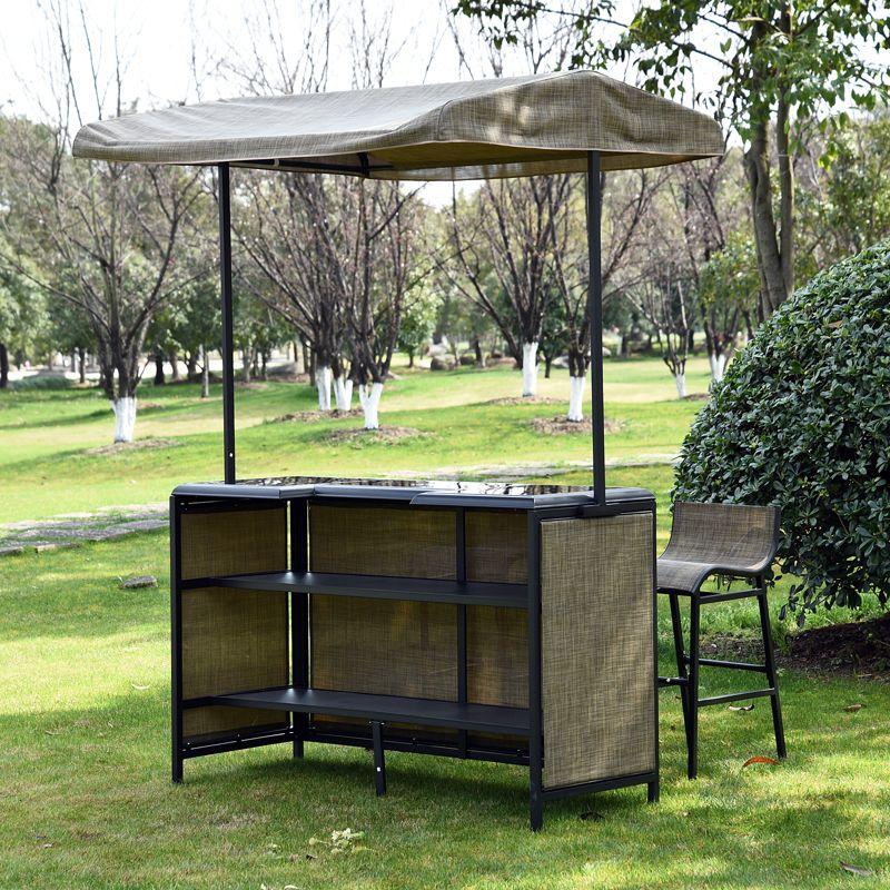 Outsunny 3 Piece Outdoor Bar Set for 2 with Canopy, Rectangular Table with Storage Shelves & Two Bar Chairs, Breathable Mesh