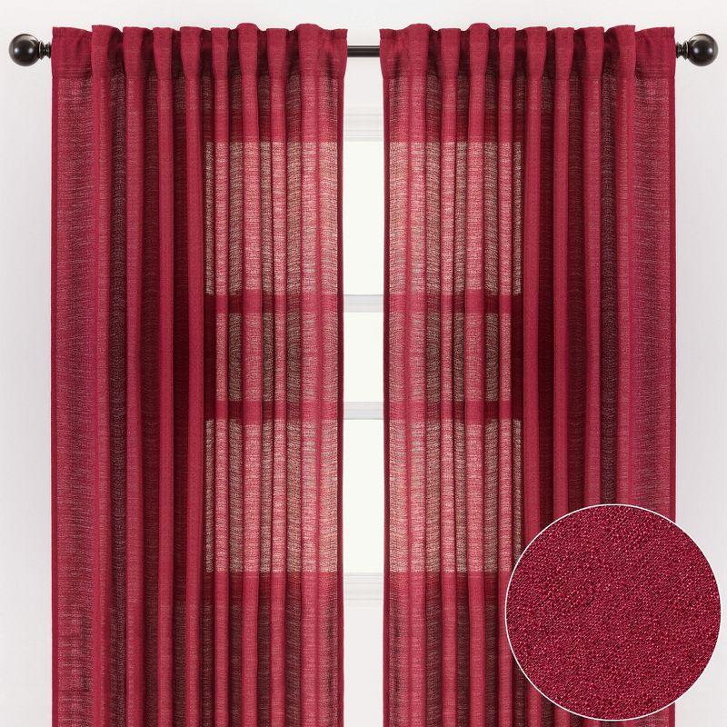 Chanasya 2pk Faux Belgian Flax Semi Sheer Window Curtain Panels - Set of 2 - 52 x 63 Inches Long - Maroon