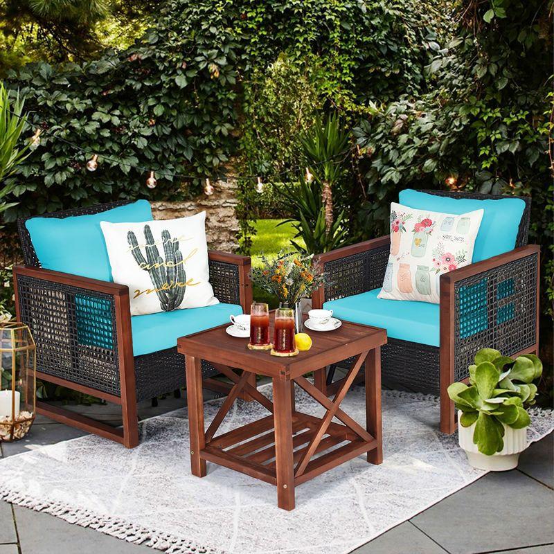 Costway 3PCS Patio Wicker Furniture Set Solid Wood Frame Cushion Sofa w/ Square Table Shelf Turquoise