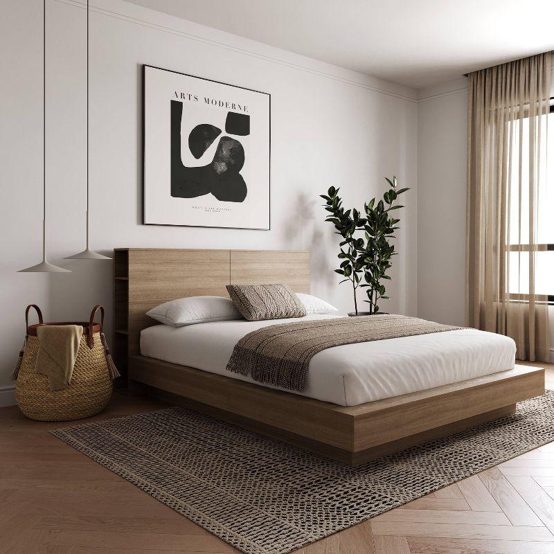 Nexera Queen Marconi Platform Bed Set Brown Oak: Modern Style, Wood Composite, Storage Headboard