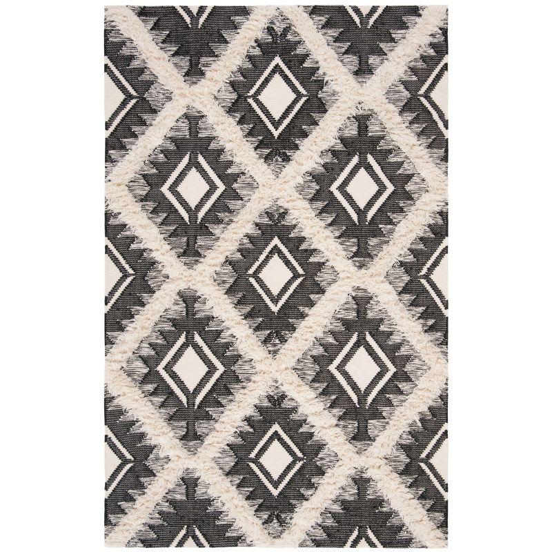 Handwoven Black and Ivory Wool Tribal Area Rug 6' x 9'