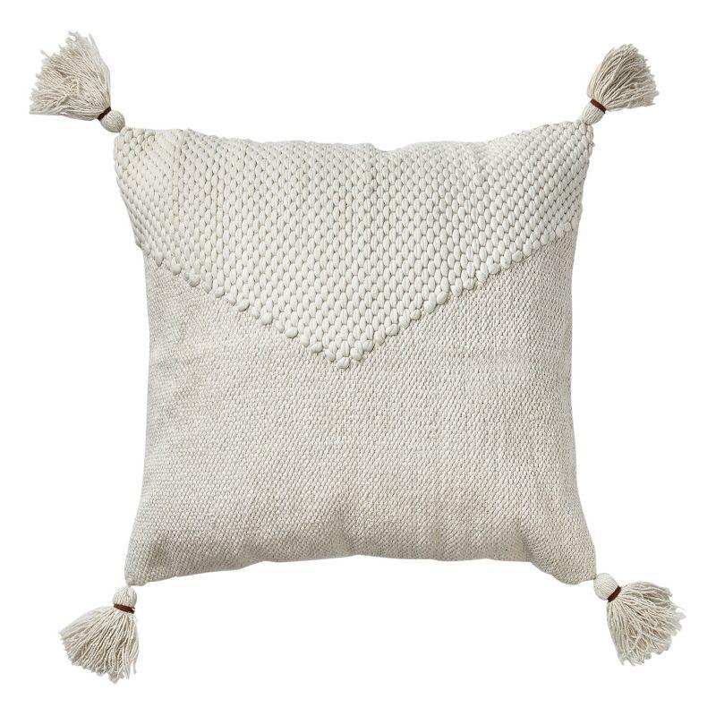 Handwoven Off-White Cotton Square Throw Pillow with Tassels